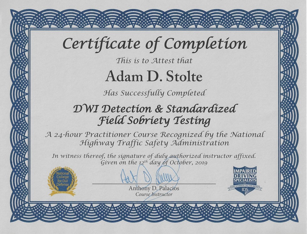 DWI Detection Certificate of Completion 